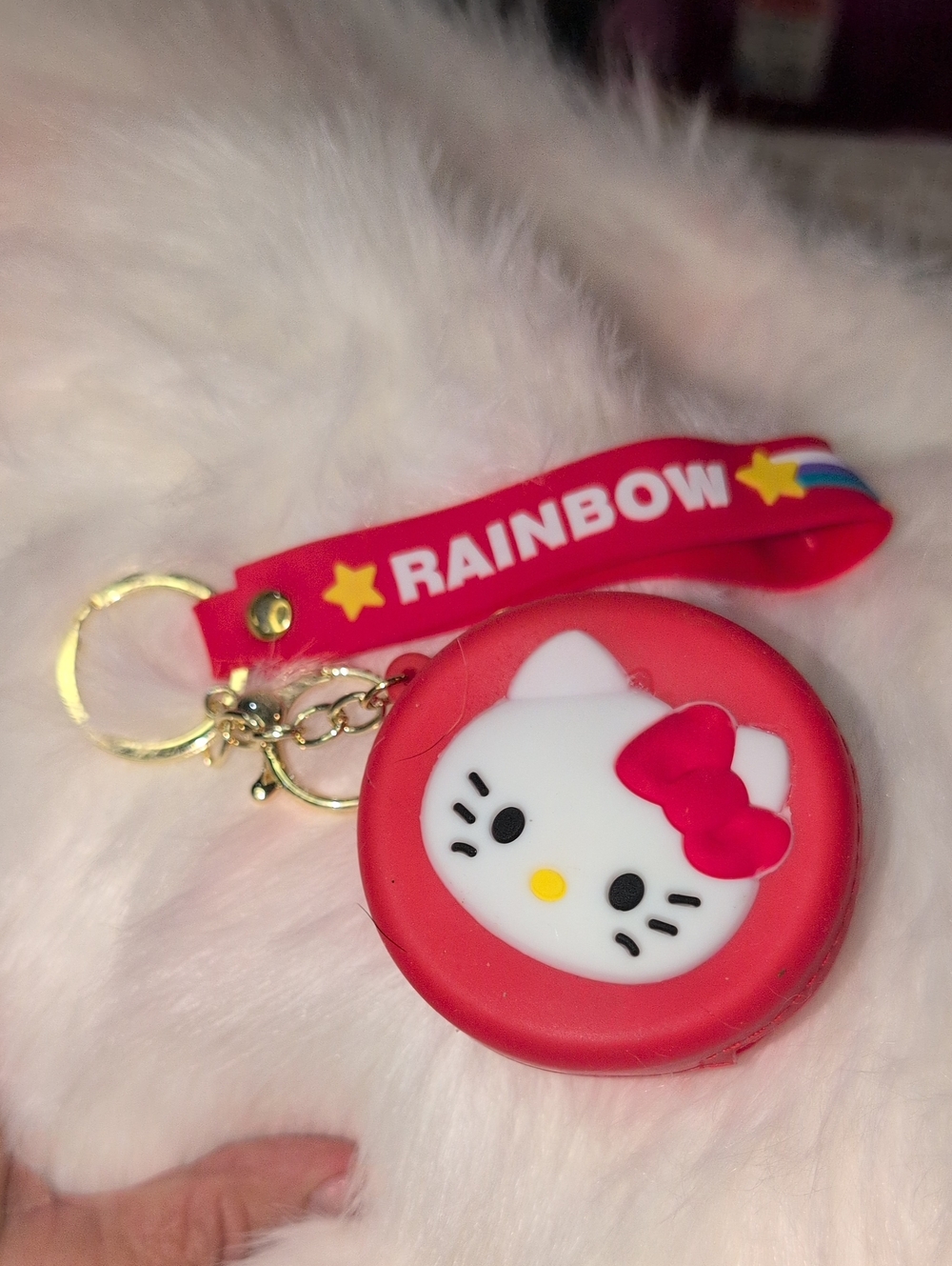 Red Hello Kitty Face Kids Keychain Coin Purse with Rainbow Strap